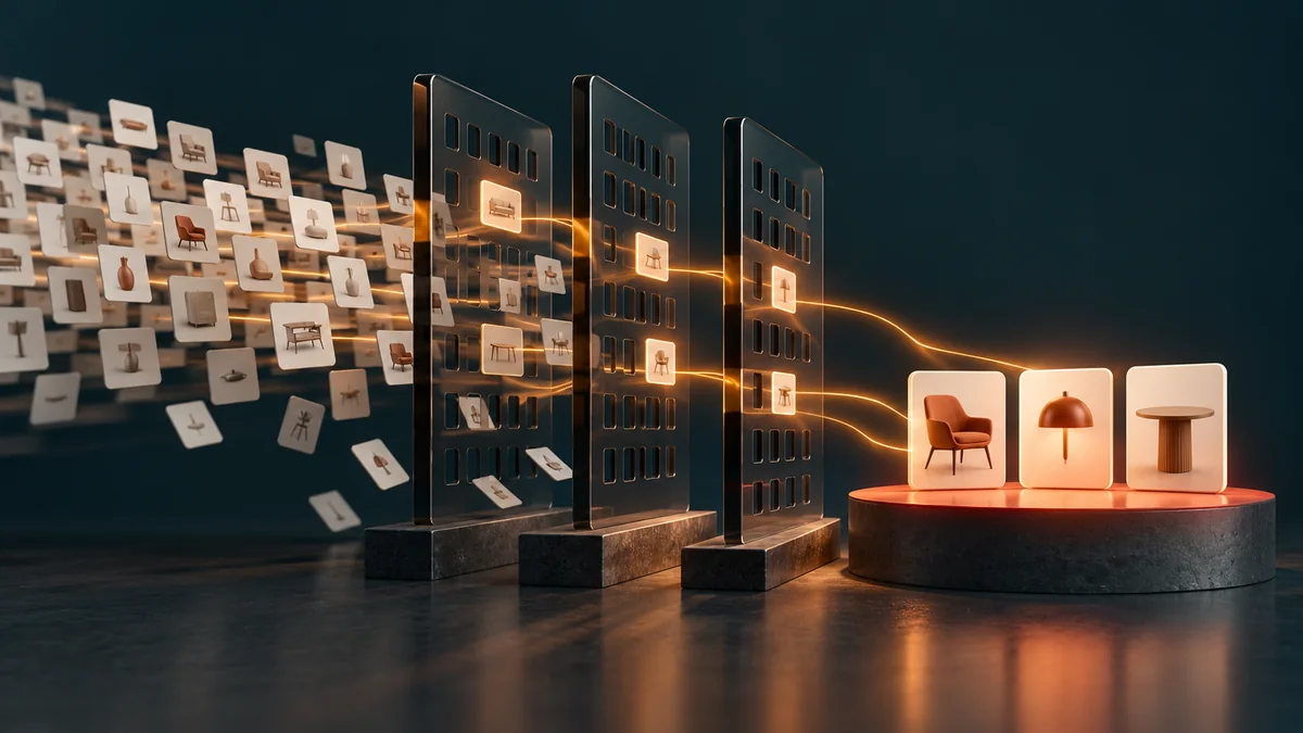 Product cards pass through filter panels into a curated collection of three products.