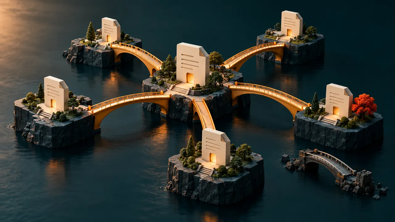 Page-shaped islands connected by direct amber bridges, with an old disconnected route beside them.