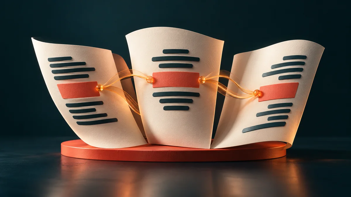 Three connected pages with different text layouts represent one service explained in multiple languages.